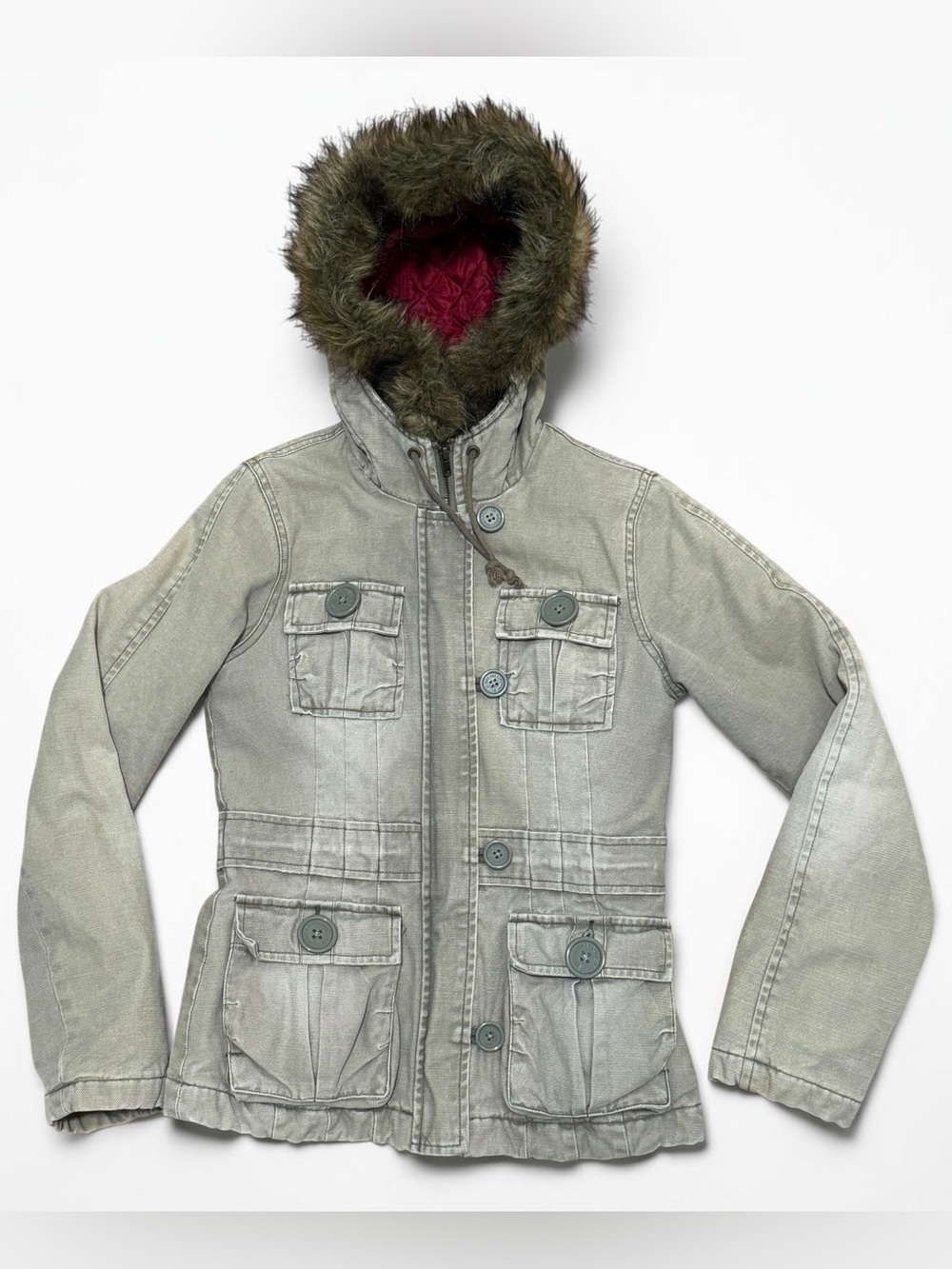 Abercrombie & Fitch Canvas Cargo Hooded Coat Green Army Utility Jacket XS
